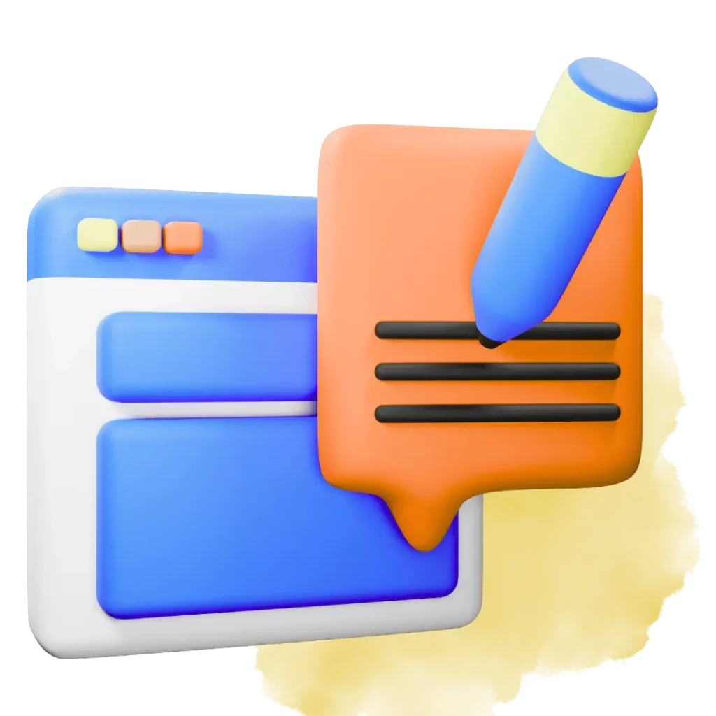 Icono de un lapiz y papel con una página web, simbolizando la redacción de contenidos.